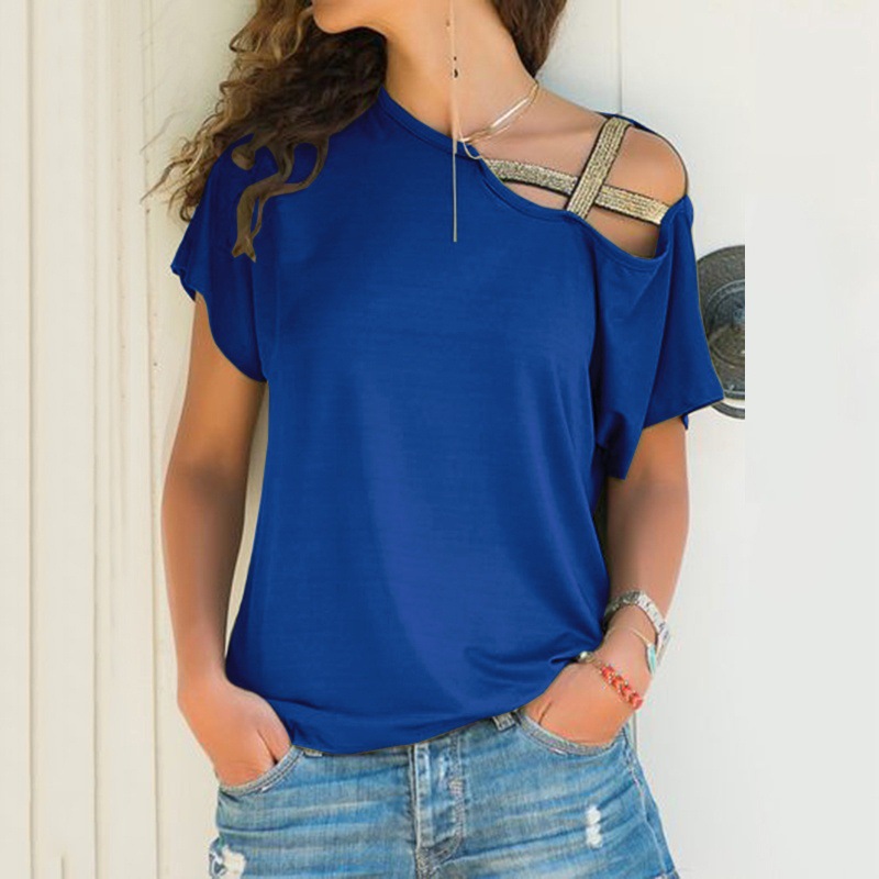 Casual T-shirt Shoulder Cross Irregular Short-sleeved Personality and Fashionable Women's Wear
