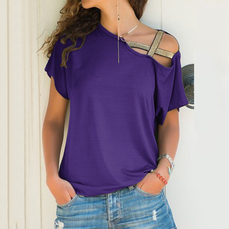 Casual T-shirt Shoulder Cross Irregular Short-sleeved Personality and Fashionable Women's Wear