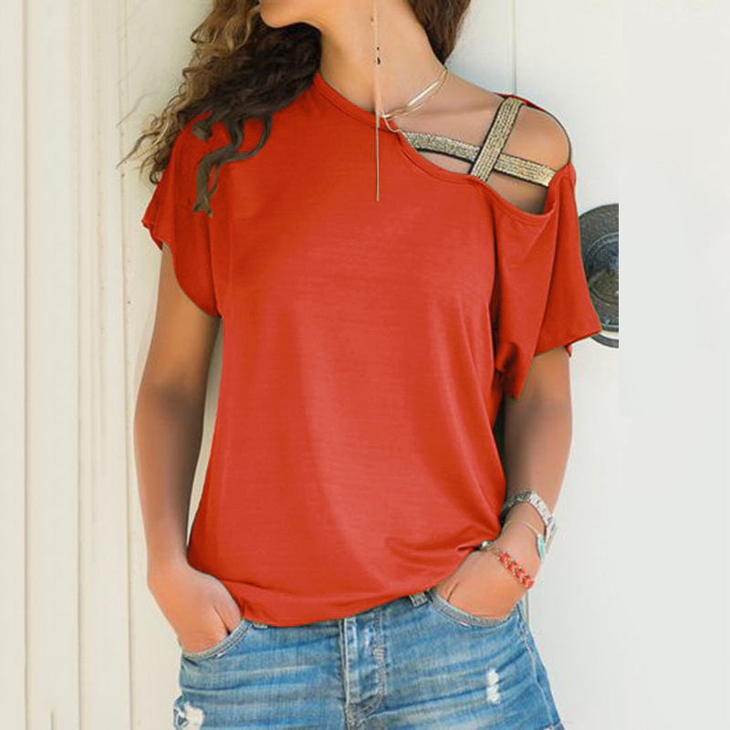 Casual T-shirt Shoulder Cross Irregular Short-sleeved Personality and Fashionable Women's Wear