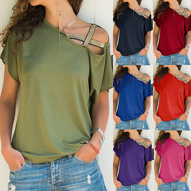 Casual T-shirt Shoulder Cross Irregular Short-sleeved Personality and Fashionable Women's Wear