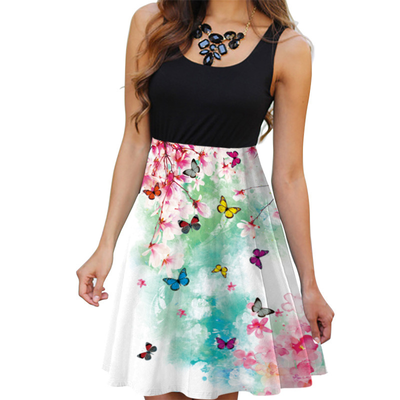 S-5xl Big Size Dress Sleeveless Round Neck Women's Flower Skirts Digital Print Butterfly Dress