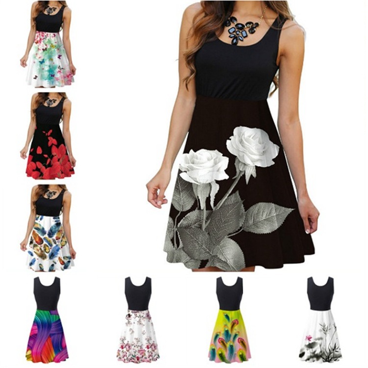 S-5xl Big Size Dress Sleeveless Round Neck Women's Flower Skirts Digital Print Butterfly Dress