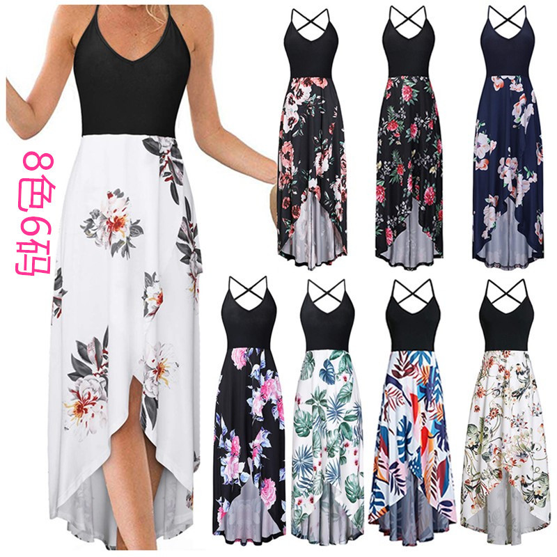 Summer V Collar Sleeveless Strap Back Sexy Color Matching Printed Dress