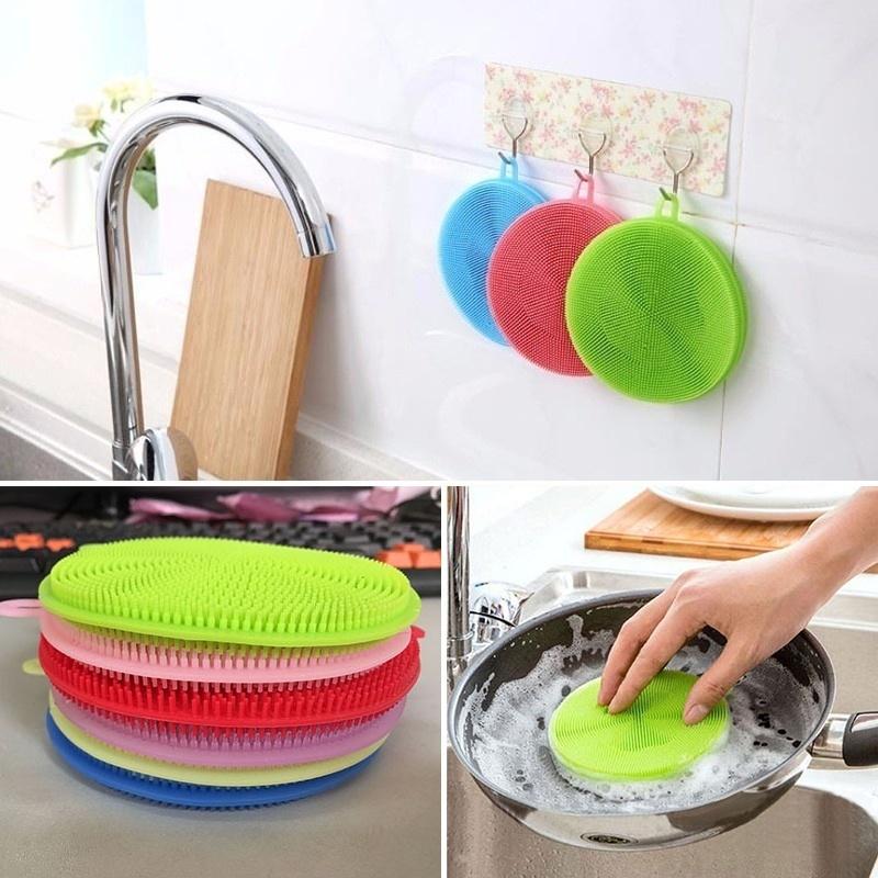 3pcs Dish Washing Scrubber Silicone Bowl Cleaning Brush Kitchen Cleaner Dishwashing Sponge