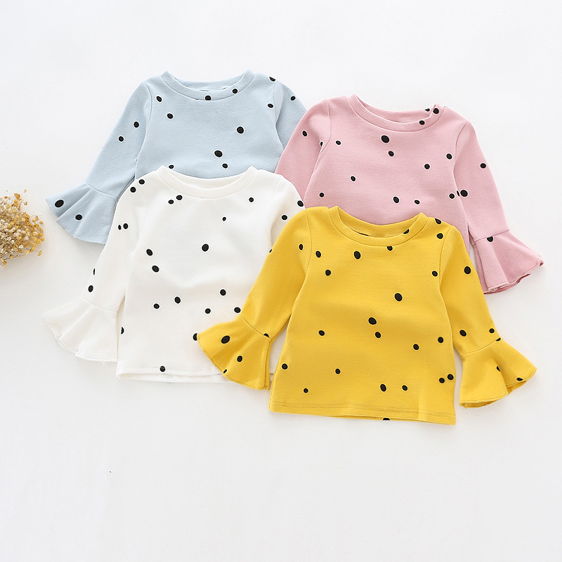 Lotus Leaf Sleeve Long Sleeve Dots T-shirt Autumn Cotton Tops Baby Girl Clothes