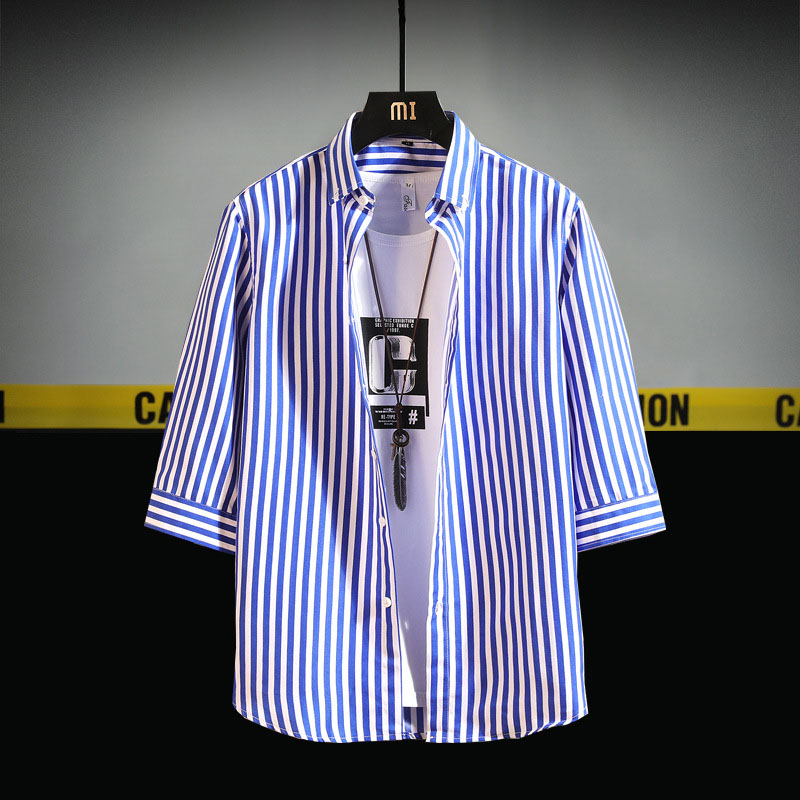 Short-Sleeved Shirt Handsome Spring Jacket Seven-Point Sleeve Shirt Striped Casual Shirt.