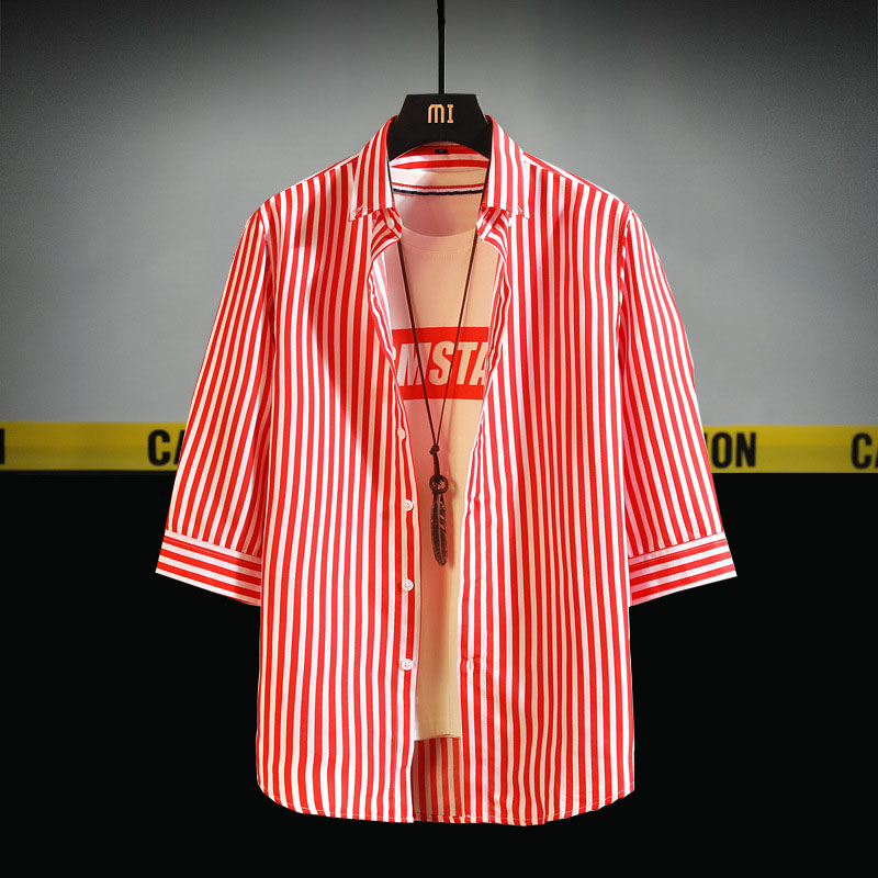 Short-Sleeved Shirt Handsome Spring Jacket Seven-Point Sleeve Shirt Striped Casual Shirt.