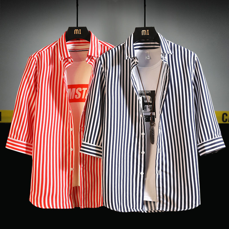 Short-Sleeved Shirt Handsome Spring Jacket Seven-Point Sleeve Shirt Striped Casual Shirt.