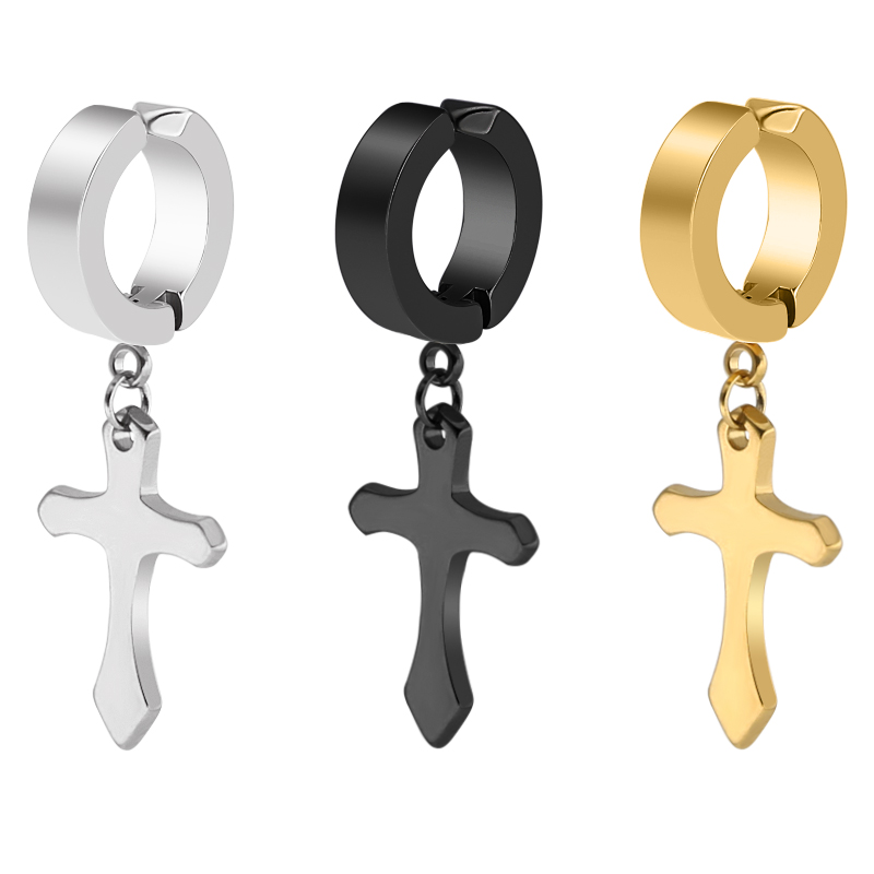 Men Woman Clip Earrings Fashion Rock Style Cross Shaped Titanium Steel Ear Clip Earrings Accessories
