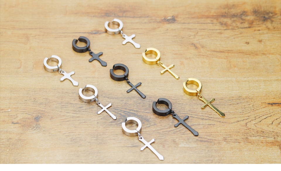 Men Woman Clip Earrings Fashion Rock Style Cross Shaped Titanium Steel Ear Clip Earrings Accessories