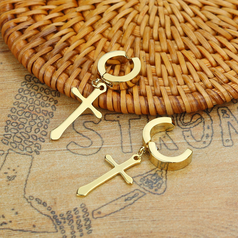 Men Woman Clip Earrings Fashion Rock Style Cross Shaped Titanium Steel Ear Clip Earrings Accessories