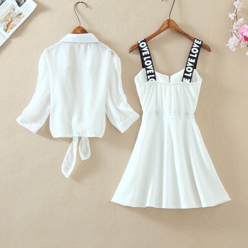 Fashion Women Chiffon Shirt Top + Mini Short A Line Letter Spaghetti Strap Dress Two Pieces Sets