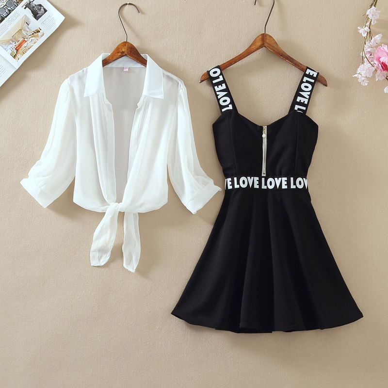 Fashion Women Chiffon Shirt Top + Mini Short A Line Letter Spaghetti Strap Dress Two Pieces Sets
