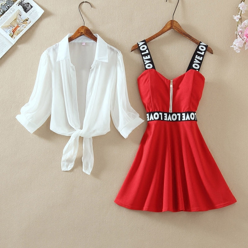 Fashion Women Chiffon Shirt Top + Mini Short A Line Letter Spaghetti Strap Dress Two Pieces Sets