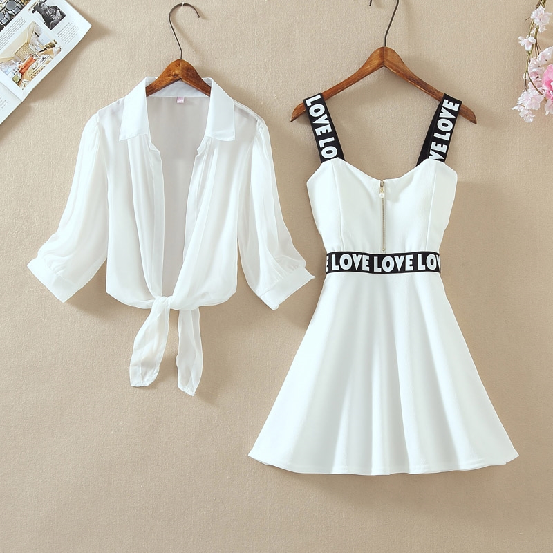 Fashion Women Chiffon Shirt Top + Mini Short A Line Letter Spaghetti Strap Dress Two Pieces Sets