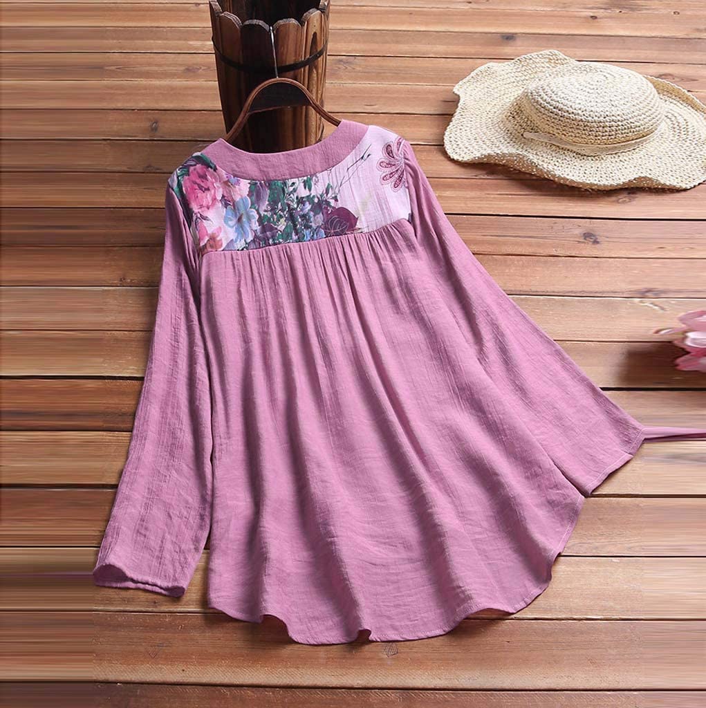 Women Long Sleeve Blouse T-Shirt  Ladies Vintage V-Neck Mini Dress Tops