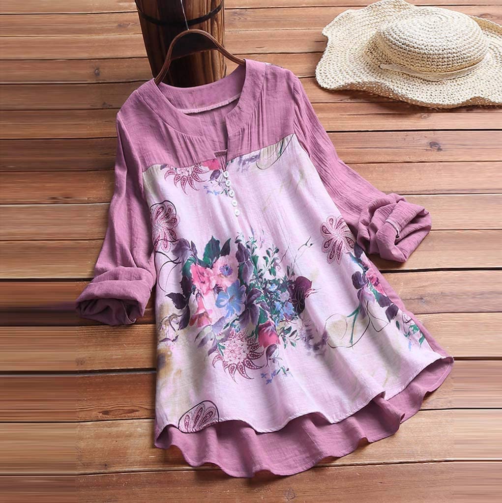Women Long Sleeve Blouse T-Shirt  Ladies Vintage V-Neck Mini Dress Tops