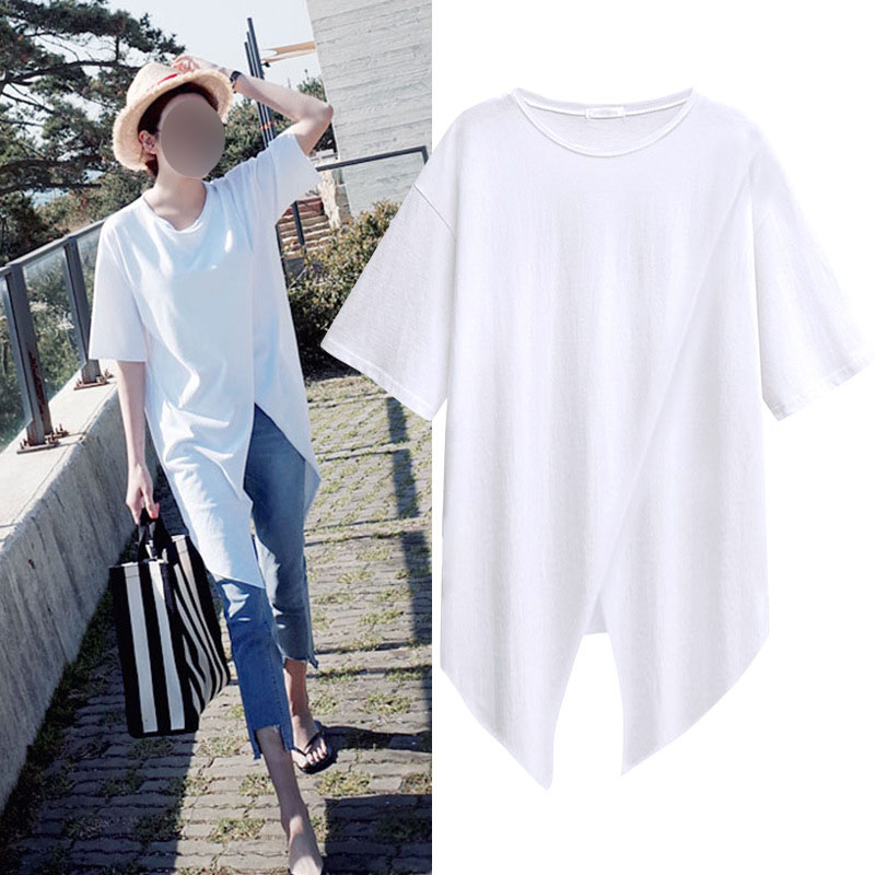 Short-Sleeved Women's New Top Loose Front Split Mid-Length Large Size Half-Sleeved T-Shirt Summer.