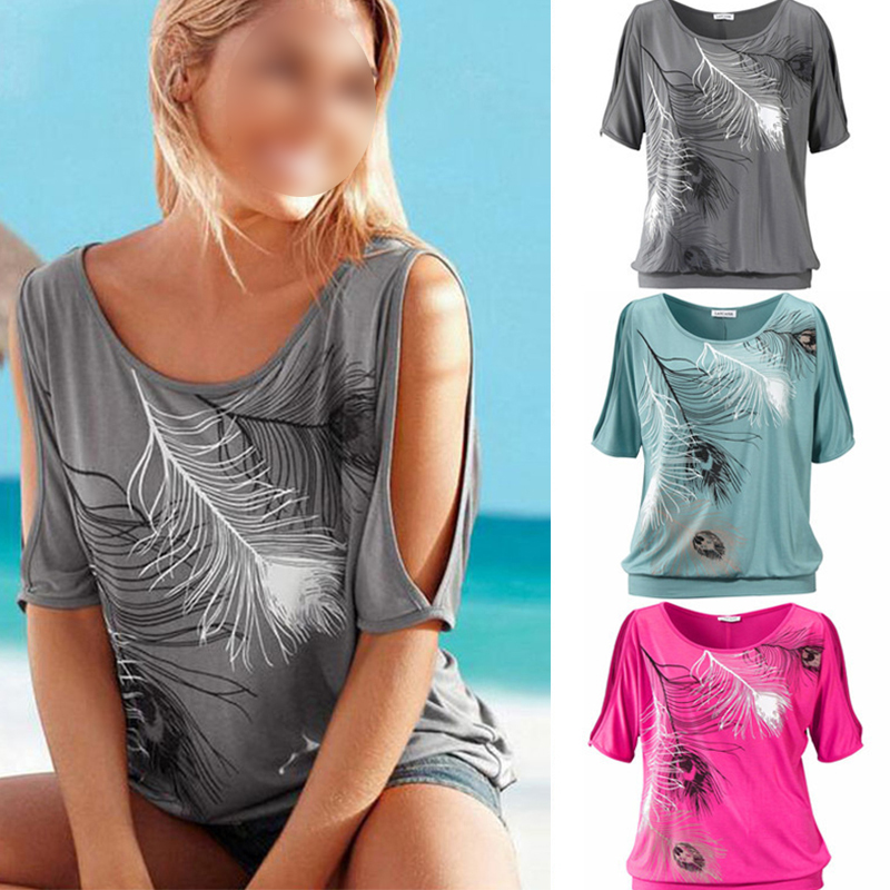 Slit Sleeve Cold Shoulder Feather Print Women Casual Summer T Shirt Loose Top T-Shirt