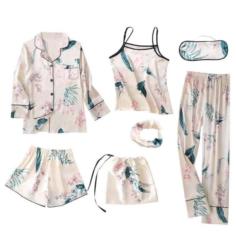 Women's 7 Pieces Pajamas Sets Emulation Silk Women Sleepwear Sets Spring Summer Autumn Homewear