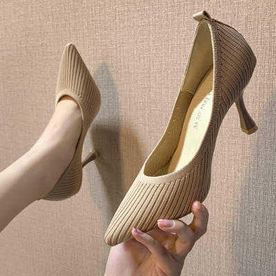 Fashion High Heels New Shallow Mouth Women&apos;s Shoes Pointed Toe Stiletto Knitted Single Shoes