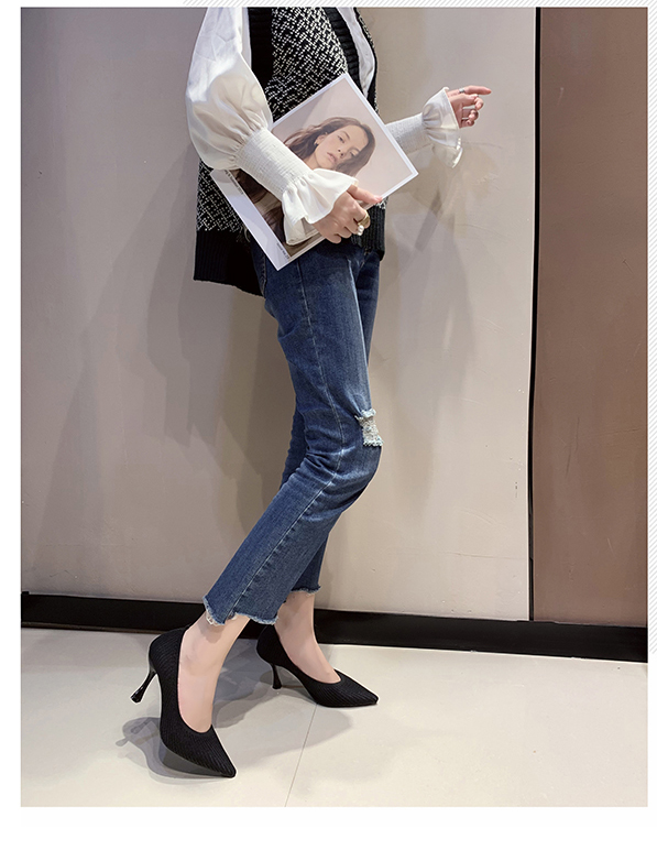 Fashion High Heels New Shallow Mouth Women&apos;s Shoes Pointed Toe Stiletto Knitted Single Shoes