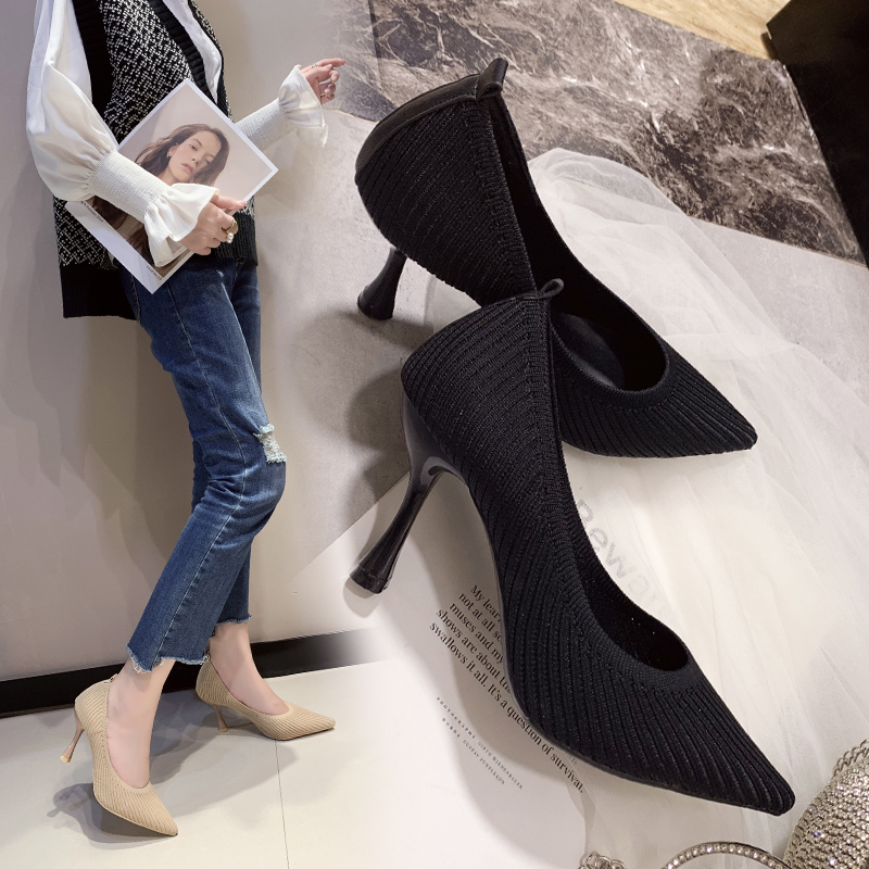 Fashion High Heels New Shallow Mouth Women&apos;s Shoes Pointed Toe Stiletto Knitted Single Shoes