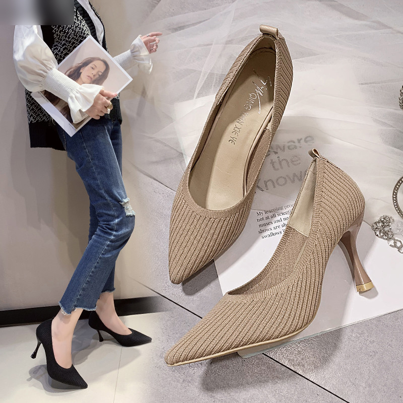Fashion High Heels New Shallow Mouth Women&apos;s Shoes Pointed Toe Stiletto Knitted Single Shoes