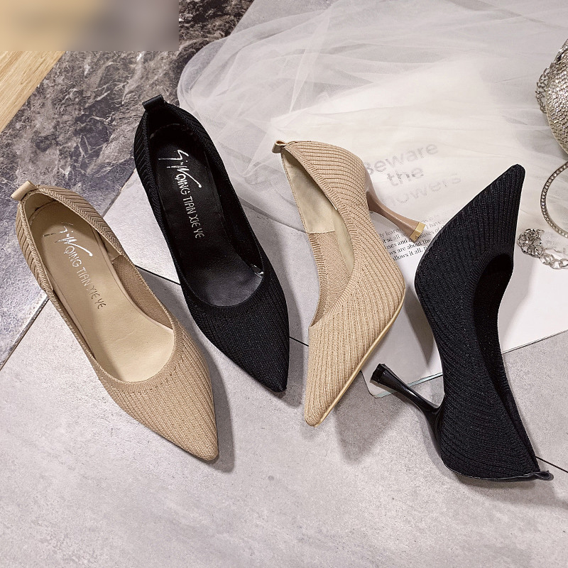 Fashion High Heels New Shallow Mouth Women&apos;s Shoes Pointed Toe Stiletto Knitted Single Shoes