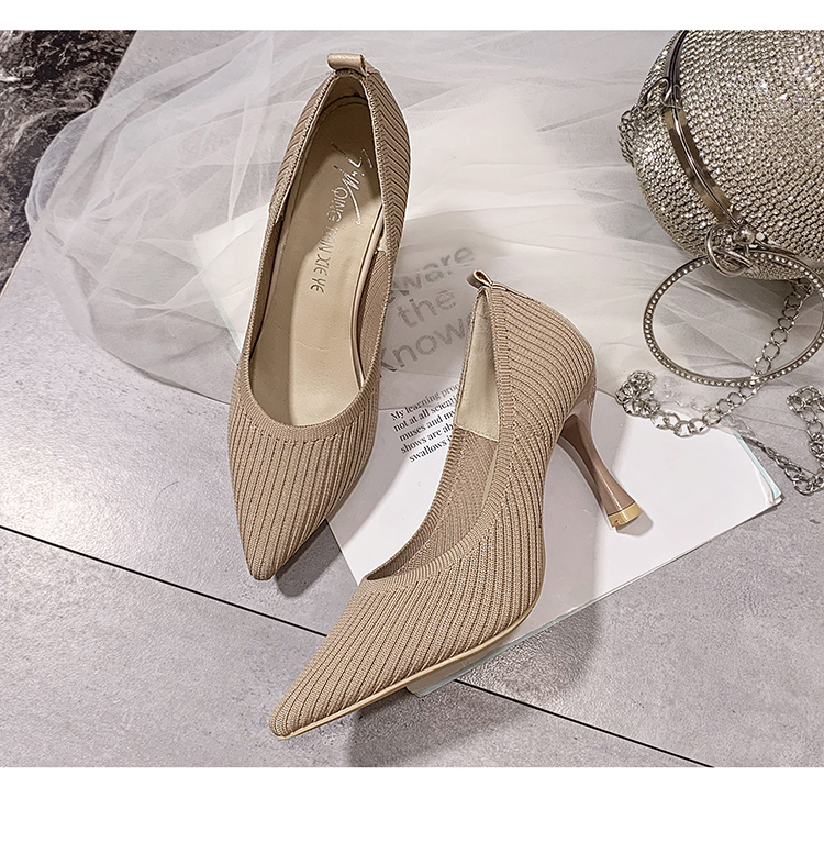 Fashion High Heels New Shallow Mouth Women&apos;s Shoes Pointed Toe Stiletto Knitted Single Shoes