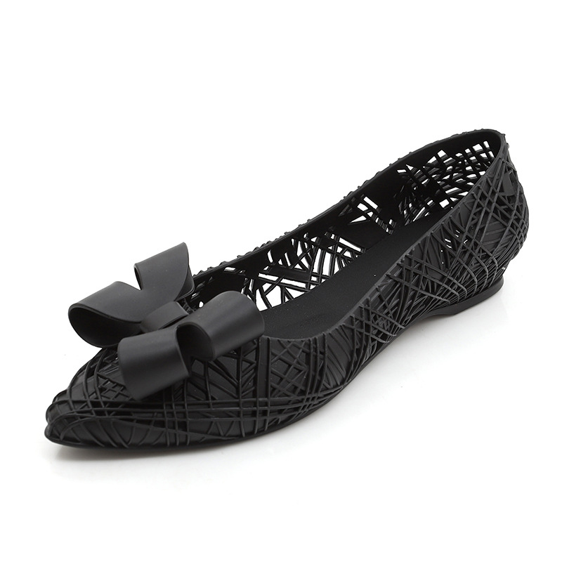 Summer Pointed Bowknot Hollow Hole Sandals Female Flat Heel Non-Slip Plastic Beach Shoes