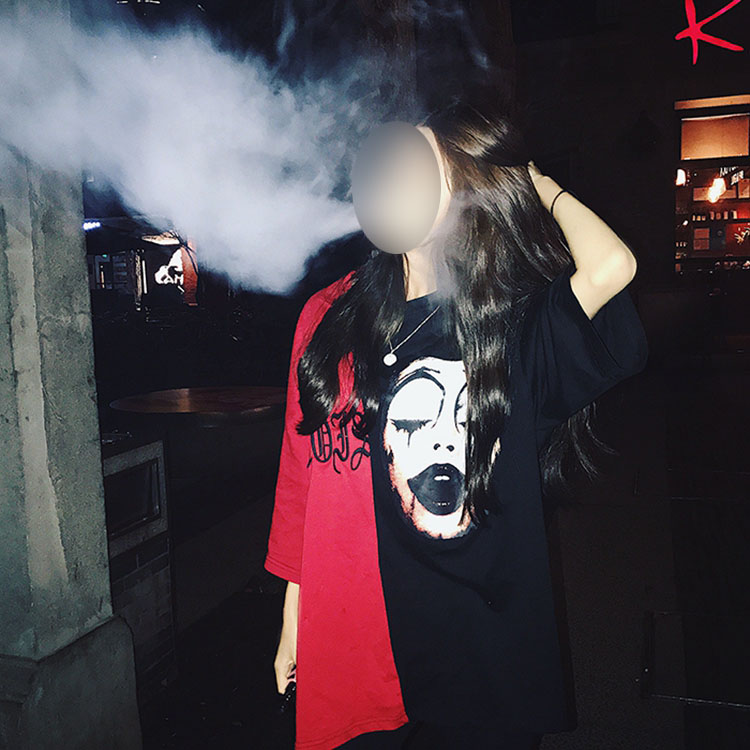 New Summer Top Black and Red Stitching Short Sleeve Embroidery Couple Loose T-Shir