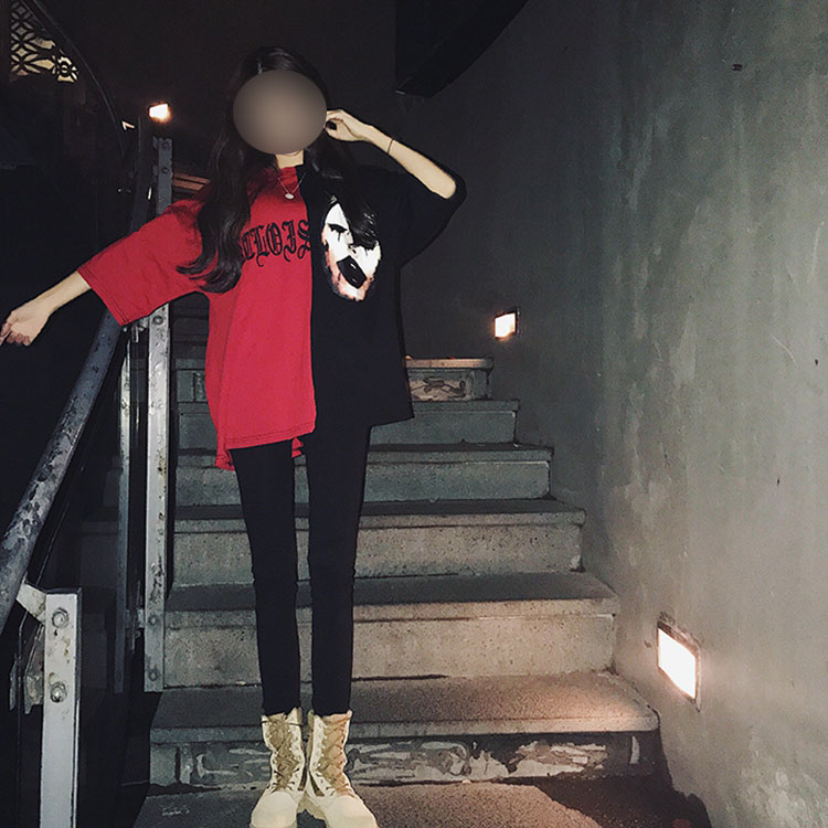 New Summer Top Black and Red Stitching Short Sleeve Embroidery Couple Loose T-Shir