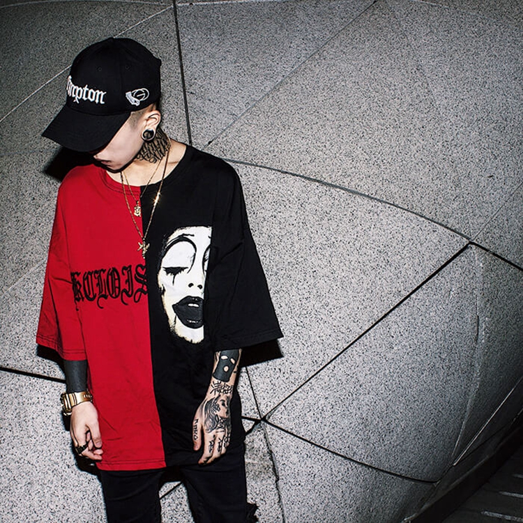 New Summer Top Black and Red Stitching Short Sleeve Embroidery Couple Loose T-Shir