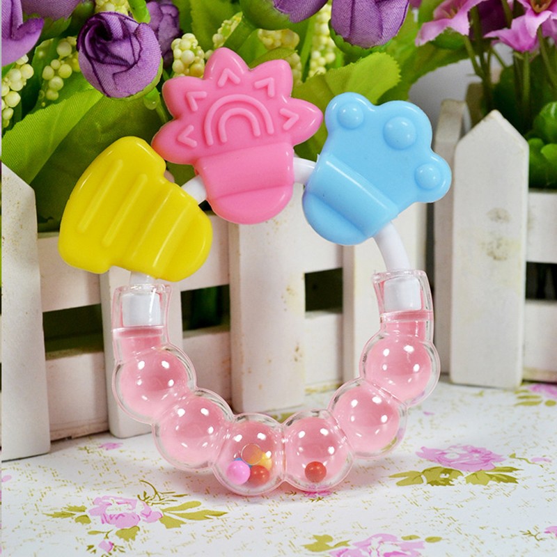 2pc Random Color Cartoon Baby Teether Teeth Biting Baby Rattle Toy Bed Bell Silicone Handbell Jingle