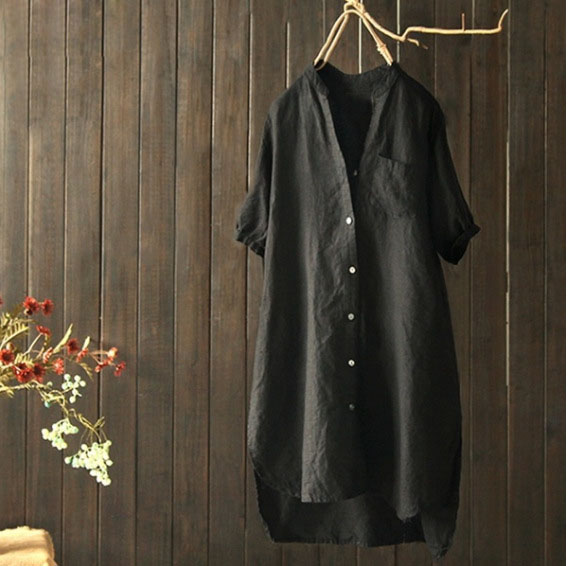Women's Cotton and Linen Cardigan Short Sleeve Irregular Hem Shirt.