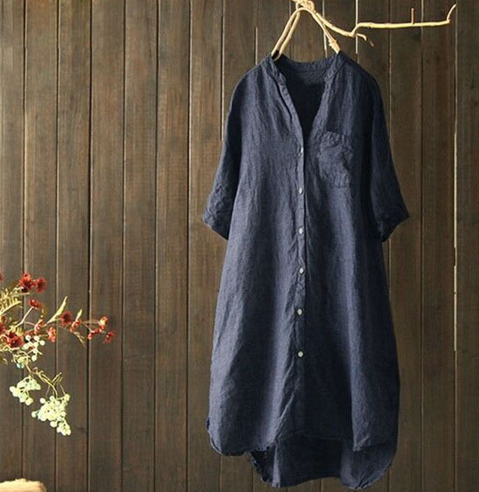 Women's Cotton and Linen Cardigan Short Sleeve Irregular Hem Shirt.