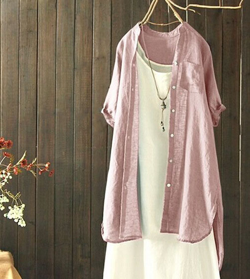 Women's Cotton and Linen Cardigan Short Sleeve Irregular Hem Shirt.