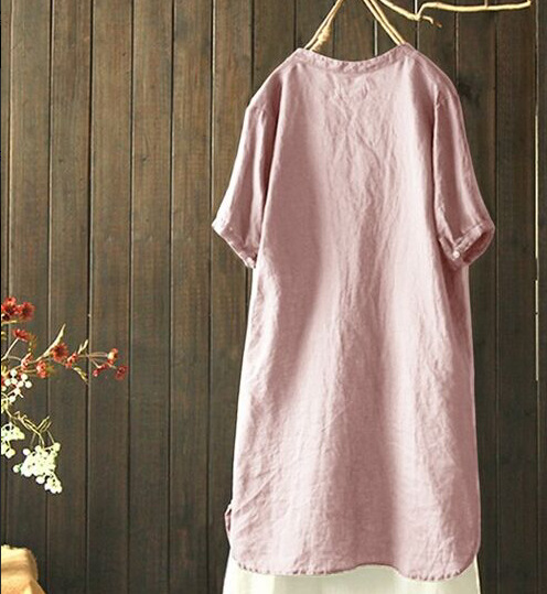 Women's Cotton and Linen Cardigan Short Sleeve Irregular Hem Shirt.
