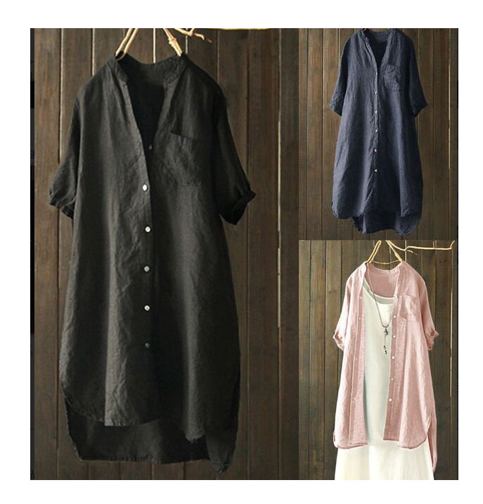 Women's Cotton and Linen Cardigan Short Sleeve Irregular Hem Shirt.