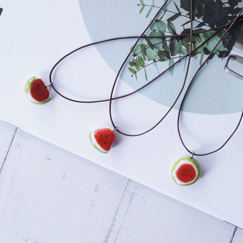 3PCS New small fresh watermelon necklace wild fruit clavicle chain ceramic jewelry fashion.