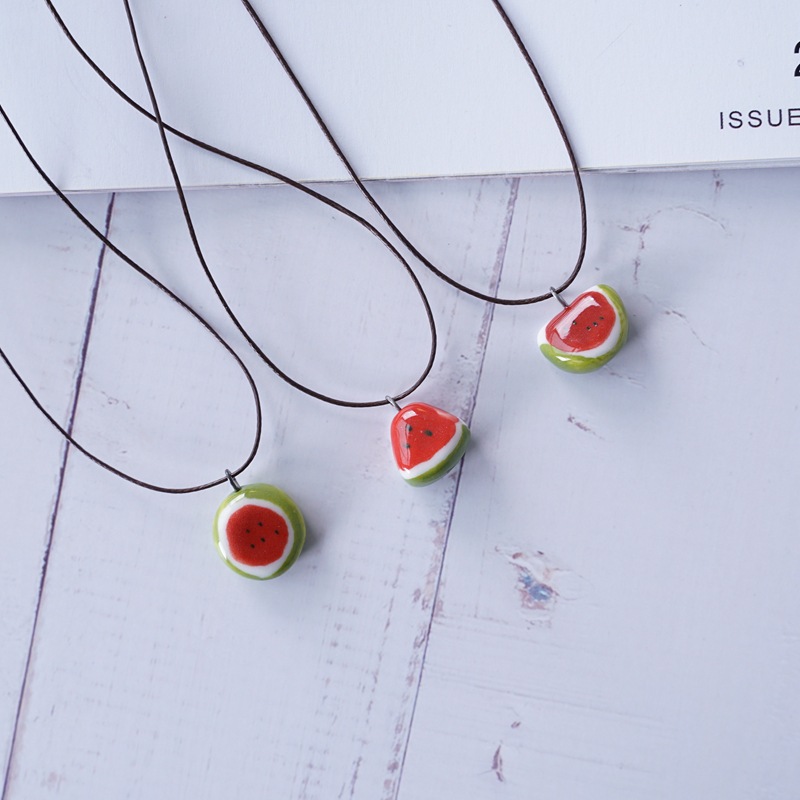 3PCS New small fresh watermelon necklace wild fruit clavicle chain ceramic jewelry fashion.