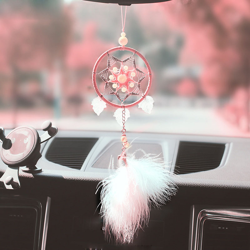 Dream Catcher Car Pendant Cute Pink Wind Chime Rearview Mirror Ornament Creative Gift.