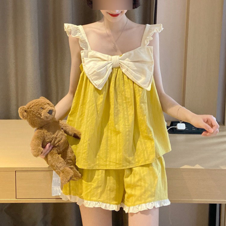 Girl Sweet Cute Sexy Big Bowknot Loose Lotus Leaf Sleeve Wild Nightdress Pajamas Suit.