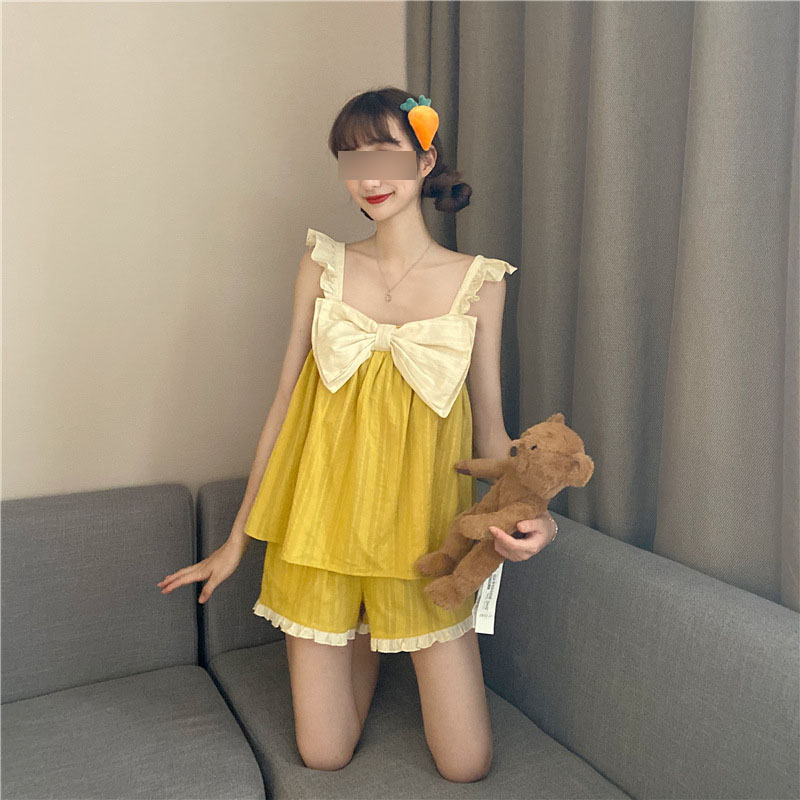 Girl Sweet Cute Sexy Big Bowknot Loose Lotus Leaf Sleeve Wild Nightdress Pajamas Suit.