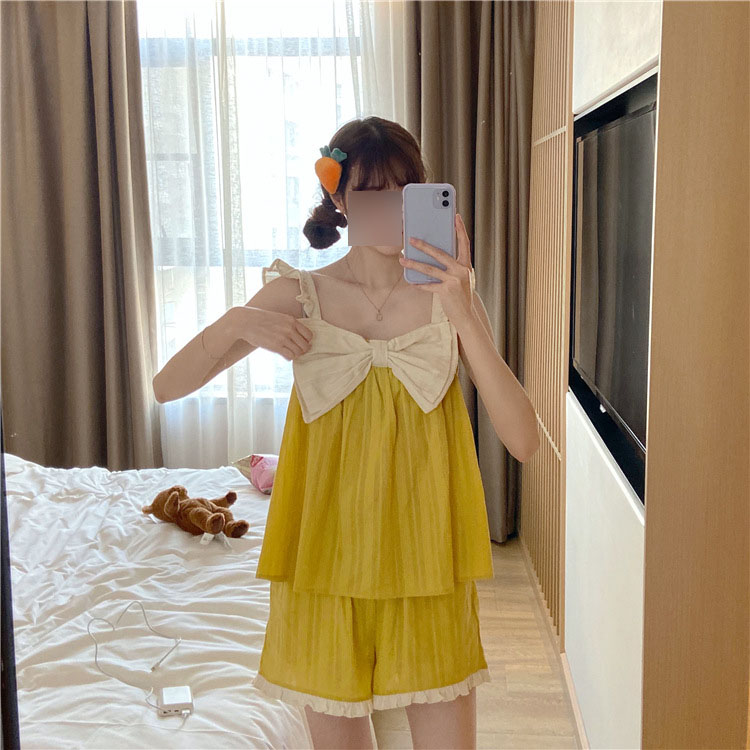 Girl Sweet Cute Sexy Big Bowknot Loose Lotus Leaf Sleeve Wild Nightdress Pajamas Suit.