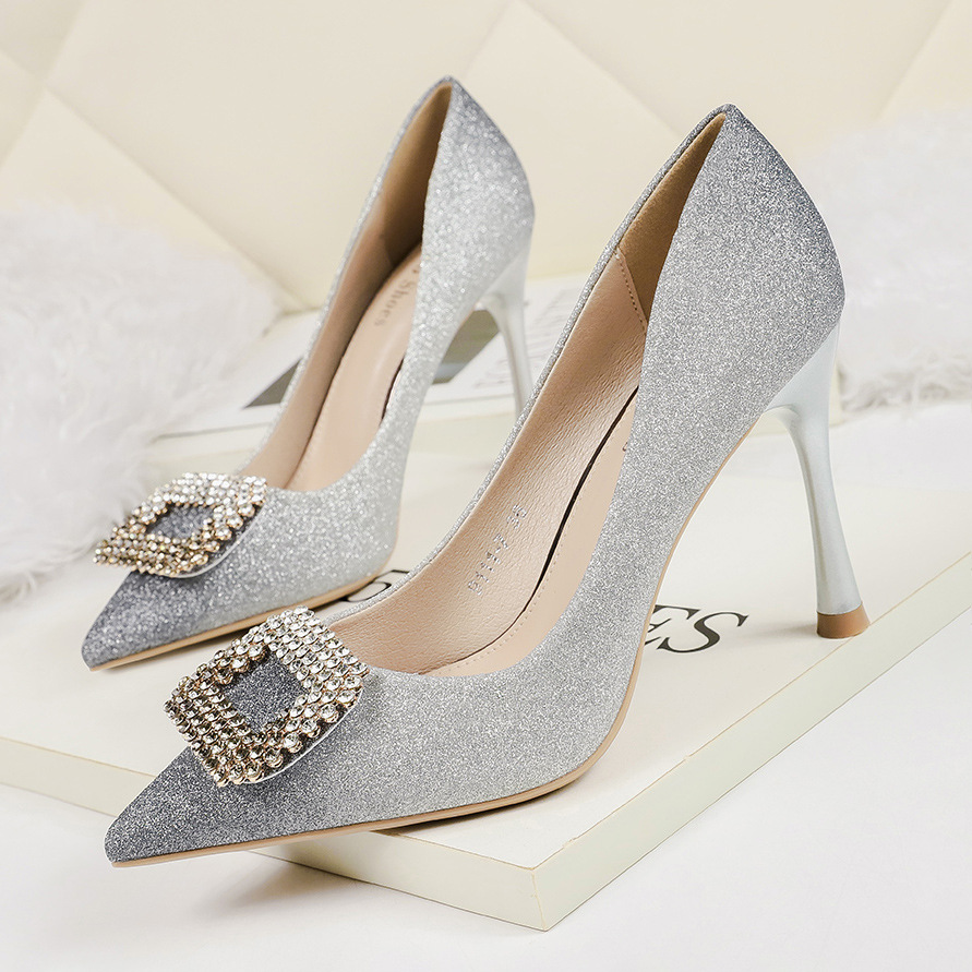 Rhinestone High Heel Square Buckle Gradient Women's Singles Stiletto Heel With a Height Of 10cm.