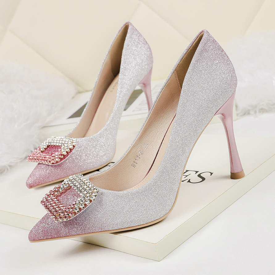 Rhinestone High Heel Square Buckle Gradient Women's Singles Stiletto Heel With a Height Of 10cm.
