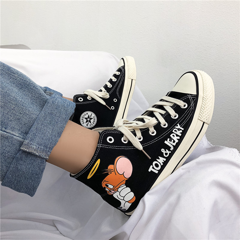 Summer High-Top Canvas Shoes Men's Trend All-Match Shoes Cat and Mouse Joint Graffiti Sneakers.