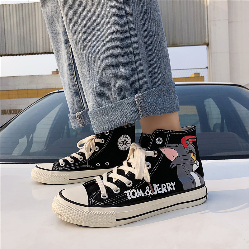 Summer High-Top Canvas Shoes Men's Trend All-Match Shoes Cat and Mouse Joint Graffiti Sneakers.